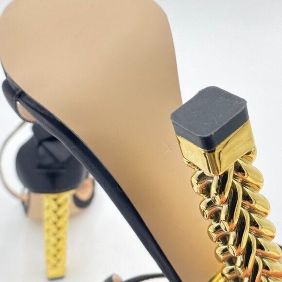 FSJ Black Bows Gold Metal Chain Chunky High Heels Ankle Strap Open Toe Sandals - Picture 6 of 8